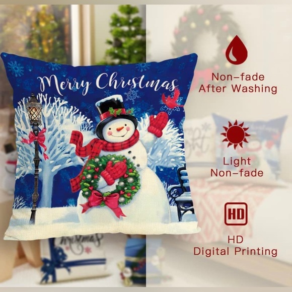 Christmas Throw Linen Pillow Covers 18x18 Inch Set of 4, Winter Merry Christmas - Picture 5 of 8